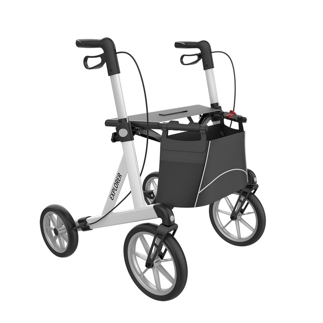 The Rehasense Explorer HD All-terrain Rollator features a modern, lightweight white-and-black frame, four large wheels for easy mobility, ergonomic handles with brakes, a seat, and a front basket for your belongings.